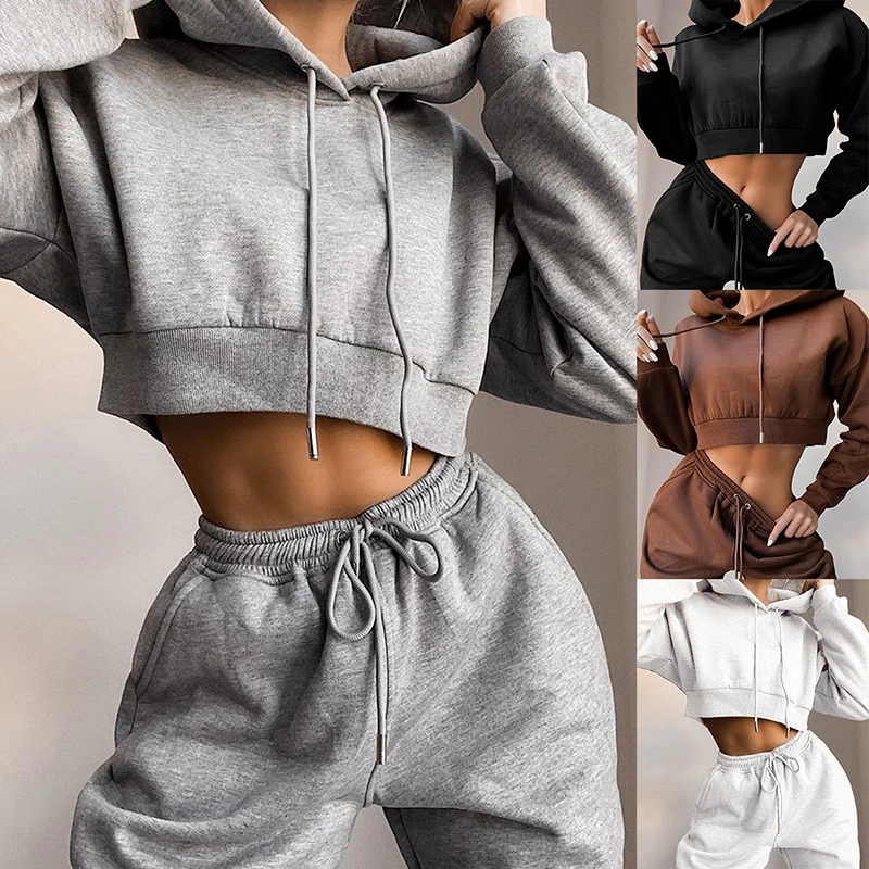 Casual Two Piece Set Women Hoodie Solid Short Tops And Long Pants Sportwear Women Sexy Sport Female Tracksuits Loose 2 Piece Set