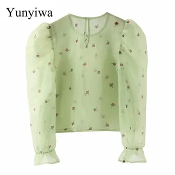 

2020 Women's Organza Printed Long Sleeve Womens Blouse Tops Vintage Shirts Korean Blouses Clothes Blusas Camisas Mujer