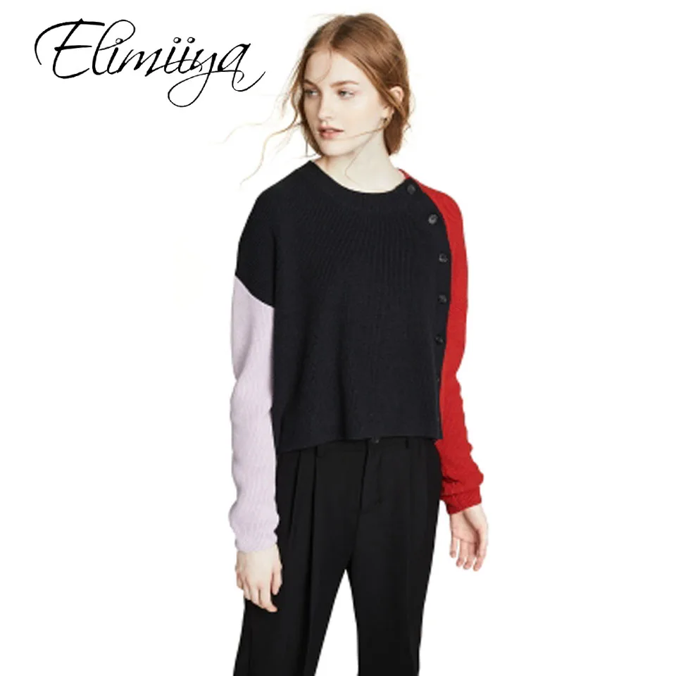 

Elimiiya New Multicolor Autumn Winter Women Sweater O-Neck Knitted Jumper Top Button Warm Femme Sweater