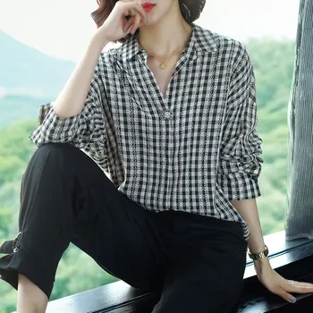 

Cotton shirts women 2020 spring new women long sleeve blouse korean fashion clothing V-Neck Casual Plaid blouse female shirts