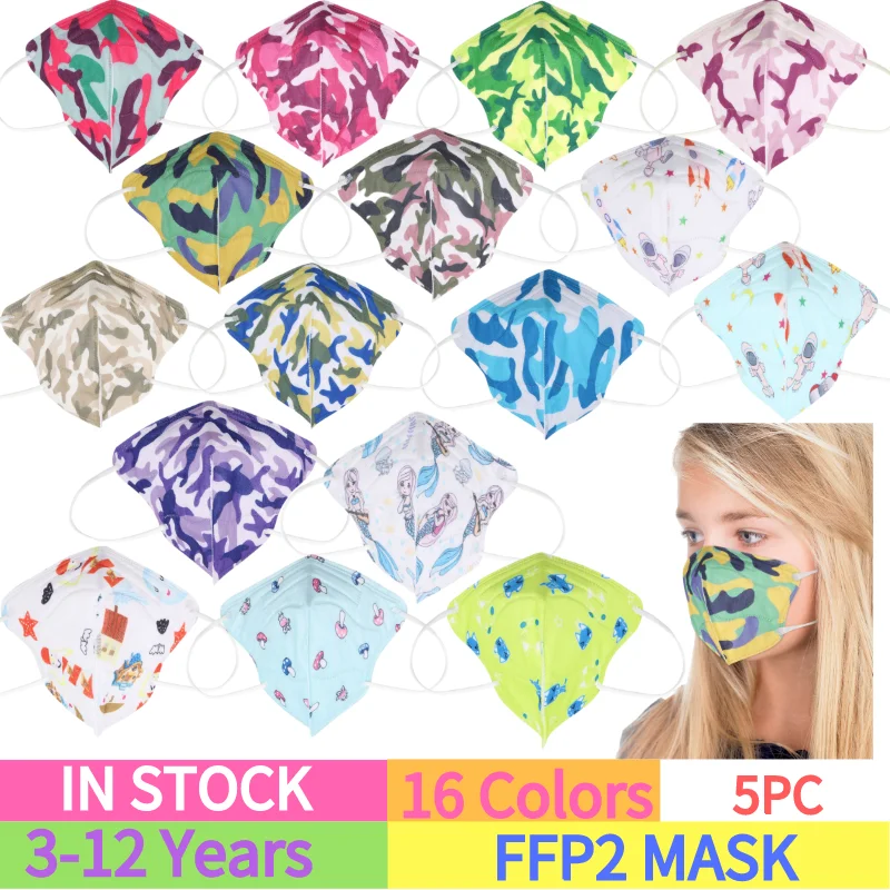 Mascarilla infantil de 5 capas para niños, máscara ffp2 con certificación CE, de 16 colores, fpp2, 5 unidades