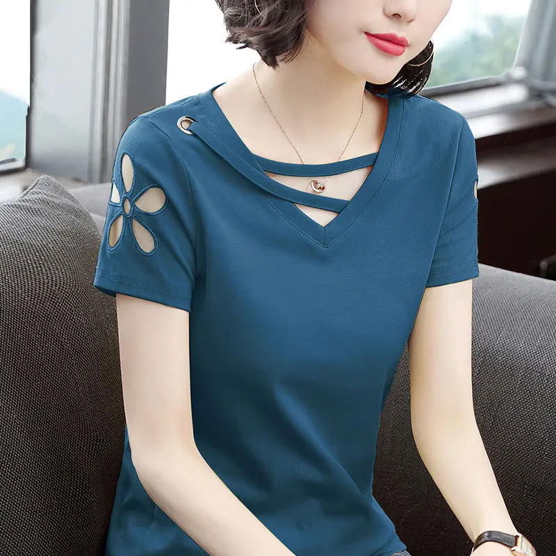 

Women's Short-Sleeved T-shirt Hollow out V-neck Black Shirt Summer Loose Top Wear Woman Tshirts Tops Mujer Camisetas
