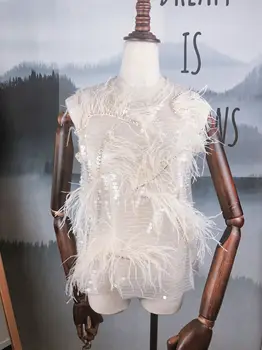 

New sequined feather fringed chic net red vest sparkling French mini shirt jacket