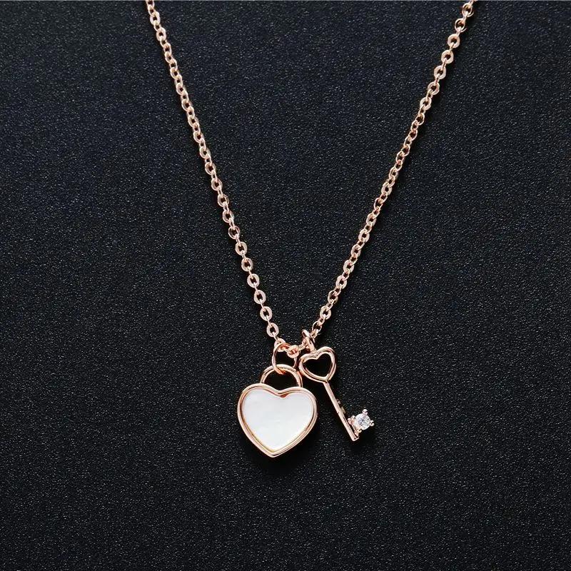 MIGGA Delicate CZ Crystal Key Shell Heart Pendant Necklace for Women Rose Gold Color Chain Jewelry - Окраска металла: Покрытие из розового золота