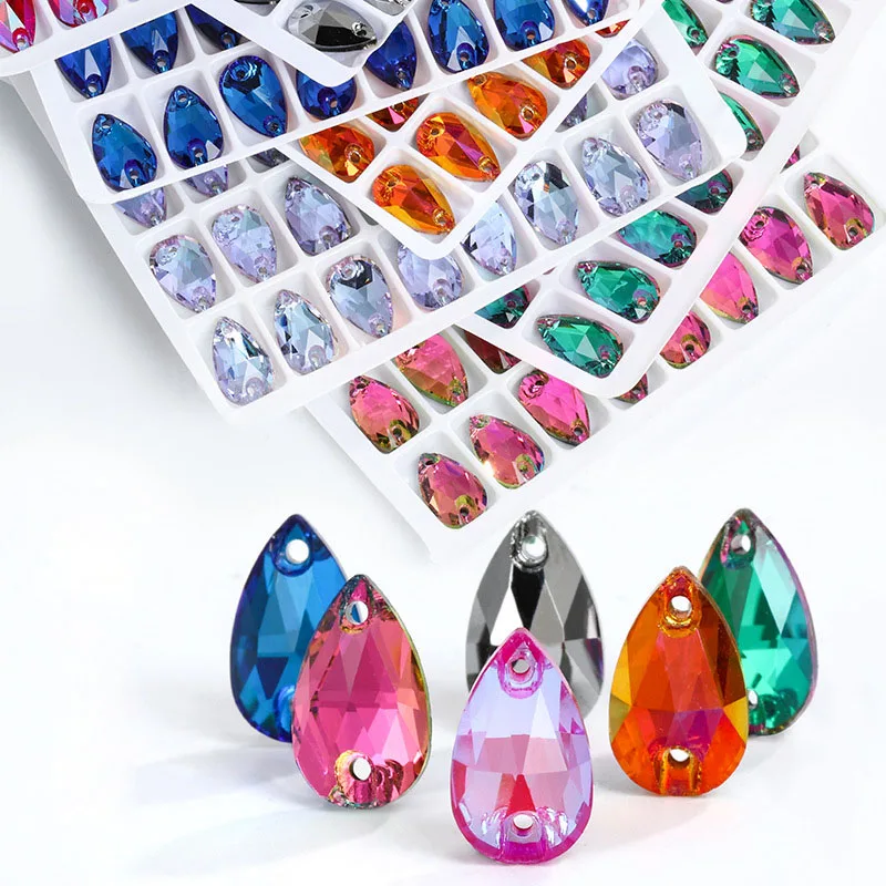 

Стеклянные кристаллы разных цветов в форме капли, Пришивные Кристаллы с плоской задней поверхностью, пришивные камни, стекло для платьев, одежды, ювелирных изделий
