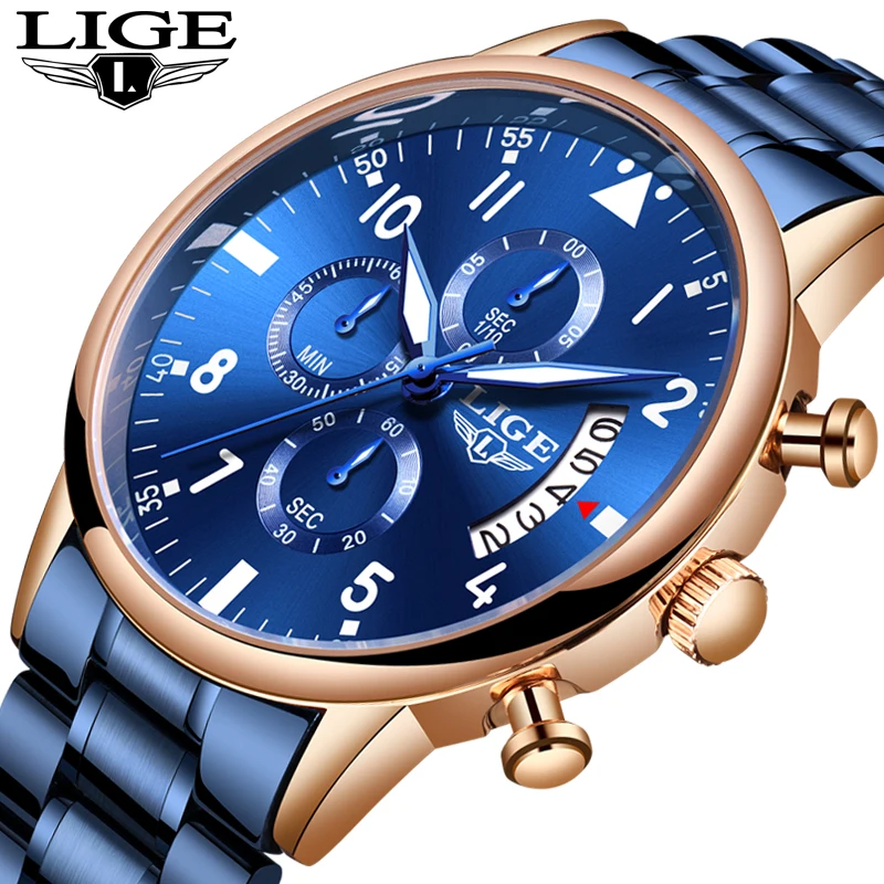

LIGE Fashion Business Blue Mens Watches Top Brand Luxury Clock Male Military All Steel Waterproof Quartz Watch Relogio Masculino