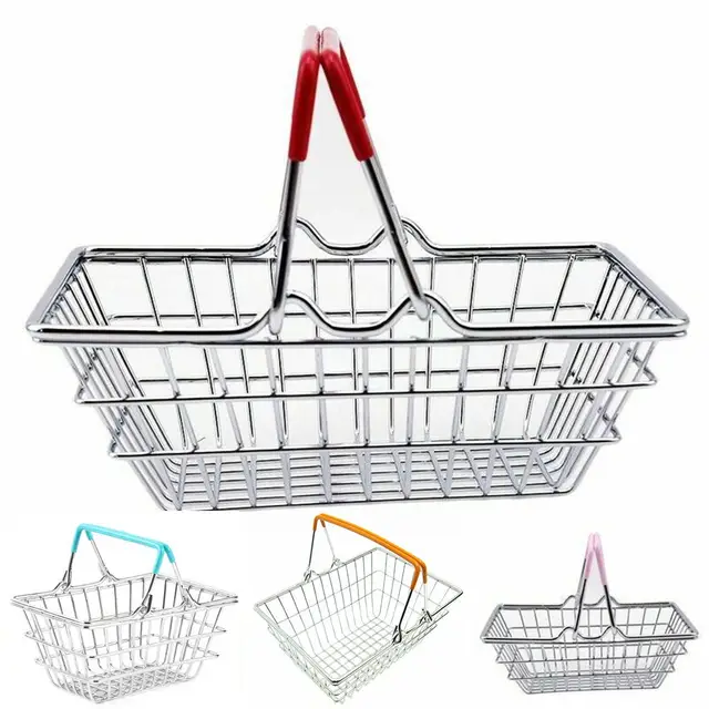 Children Miniature Metal Supermarket Shopping Basket Pretend Role Play Toy Gift Desktop Decor torage Toy Furniture Accessories 2