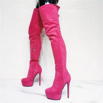 

Women Thigh High Platform Boots Side Zip Rount Toe Stiletto High Heels Over Knee Boots Donne Stivali Size 43 44 46 47 52