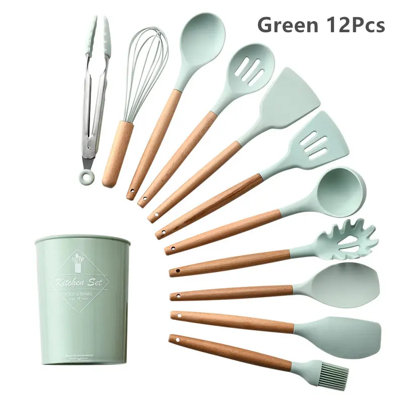 Green 12Pcs 9/10/12 шт. силиконовых кейсов Пособия по кулинарии набор посуды с антипригарным покрытием шпатель лопата с деревянной ручкой Пособия по кулинарии Набор инструментов с ящиком для хранения Кухня инструменты - Цвет: Green 12Pcs