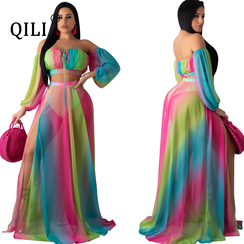 

QILI Women Summet 3 Piece Set Clothes Chiffon Print Long Maxi Split Loose Outfits Slash Neck Full Sleeve Casual Beach Suits