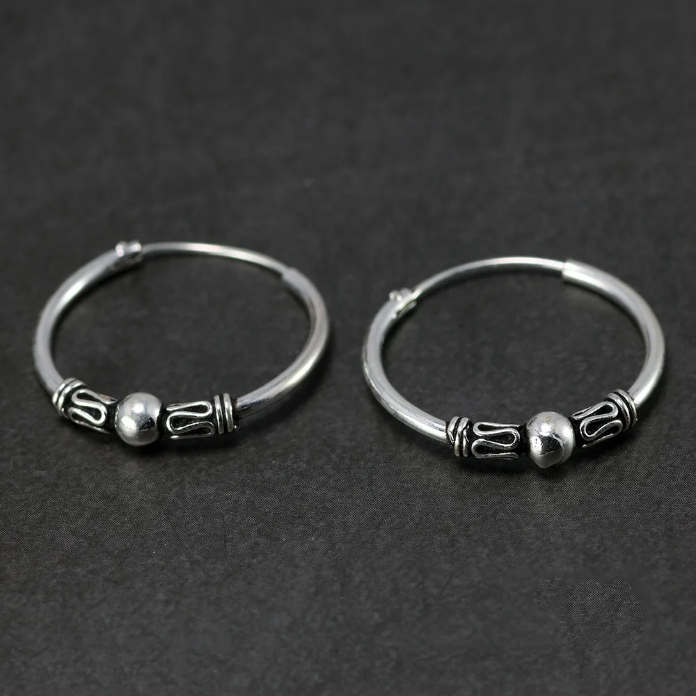 21 мм настоящее 925 пробы серебряные серьги-кольца для женщин с бусинами толщина 4 мм Круглый Круг Ретро Винтаж античный стиль