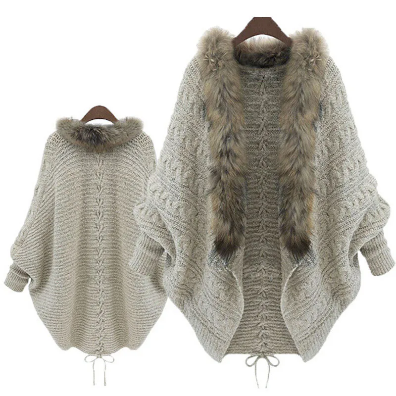 Sagace Clothe женский осенне-зимний Кардиган свитер с рукавом летучая мышь вязаный длинный теплый свитер свободный меховой воротник свитер Топ Блузка - Цвет: Beige