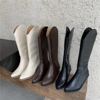 

Winter for woman new fashion sexy Pointed toe shoes Pure color beige Zipper Chunky heels Knee high boots concise 35-39