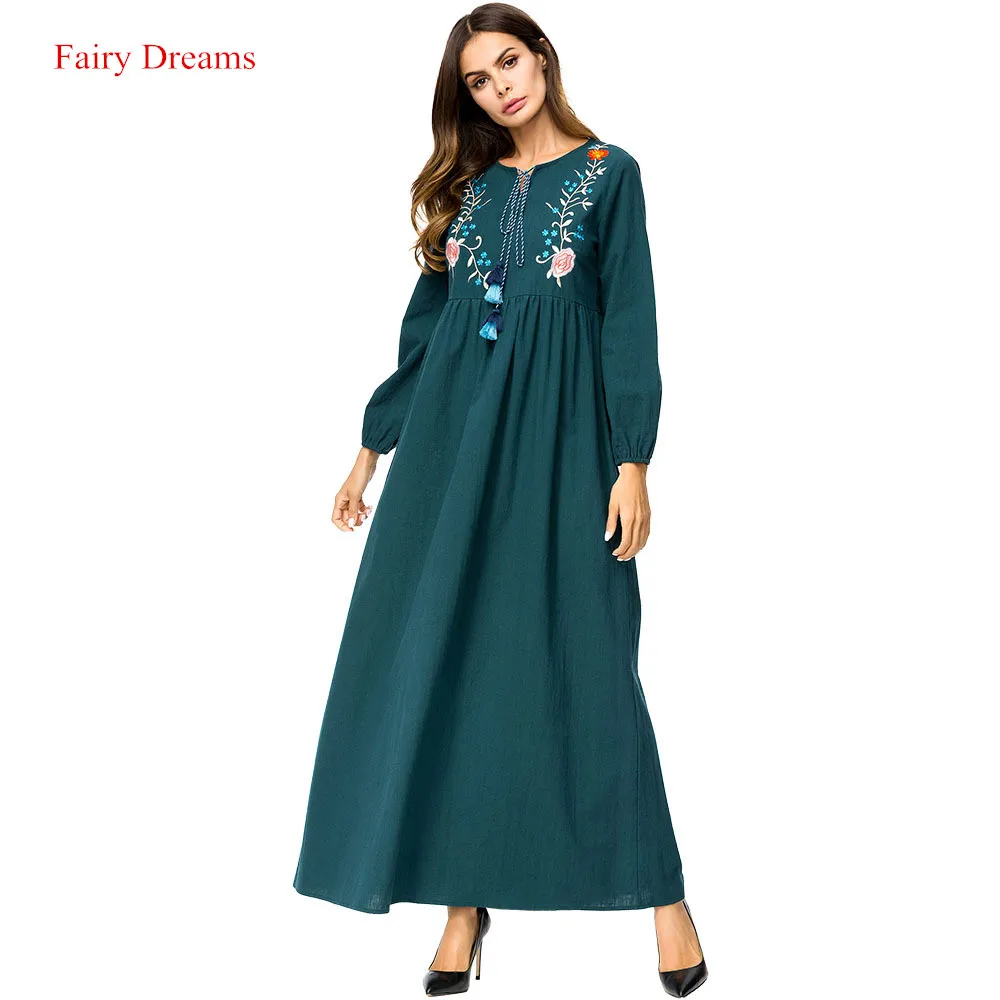 Женское платье макси с вышивкой Abayas зеленое длинным рукавом в мусульманском