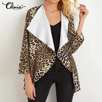 

2020 Fashion Leopard Print Coats Women Celmia Warm Long Sleeve Jackets Ladies Asymmetrical Cardigan Plus Size Femme Loose Tops