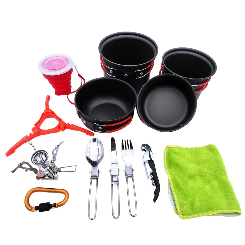 

Outdoors Camping Cookware Kit Folding Pot Kits Cooking Equipment For Camping Hiking 13 Piece Cook Set