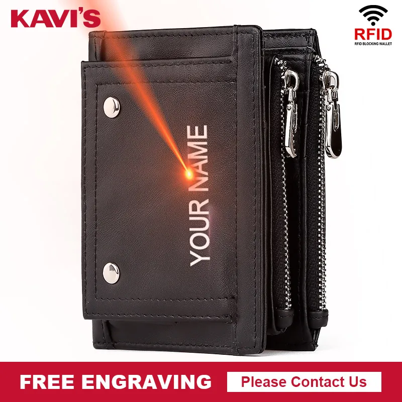 

KAVIS Genuine Leather Wallet Cow Leather Short Coin Pocket Quality Men Perse Small Male Card Holders Double Zippers Engraving