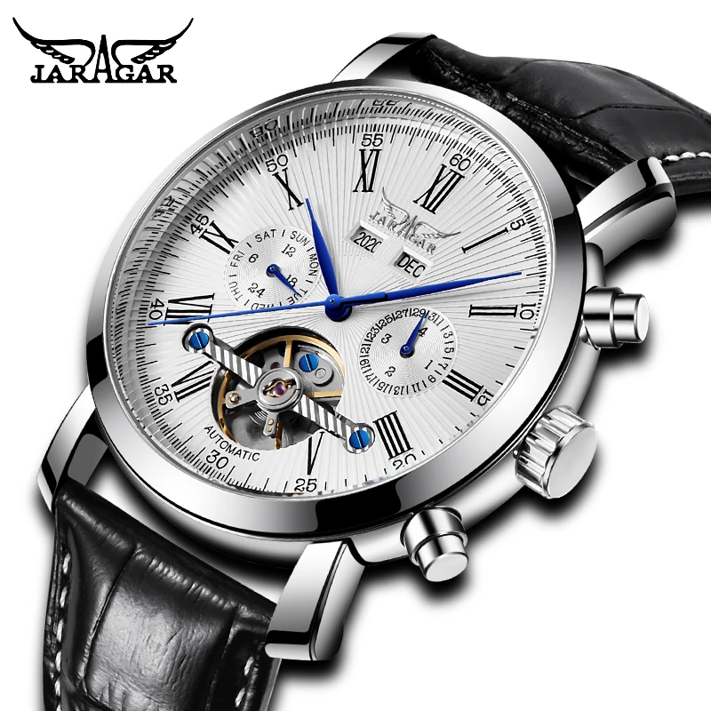 

Fashion Brand JARAGAR Mens Mechanical Automatic Watch Leather Calendar Tourbillion Design Display Clock Relojes Masculino