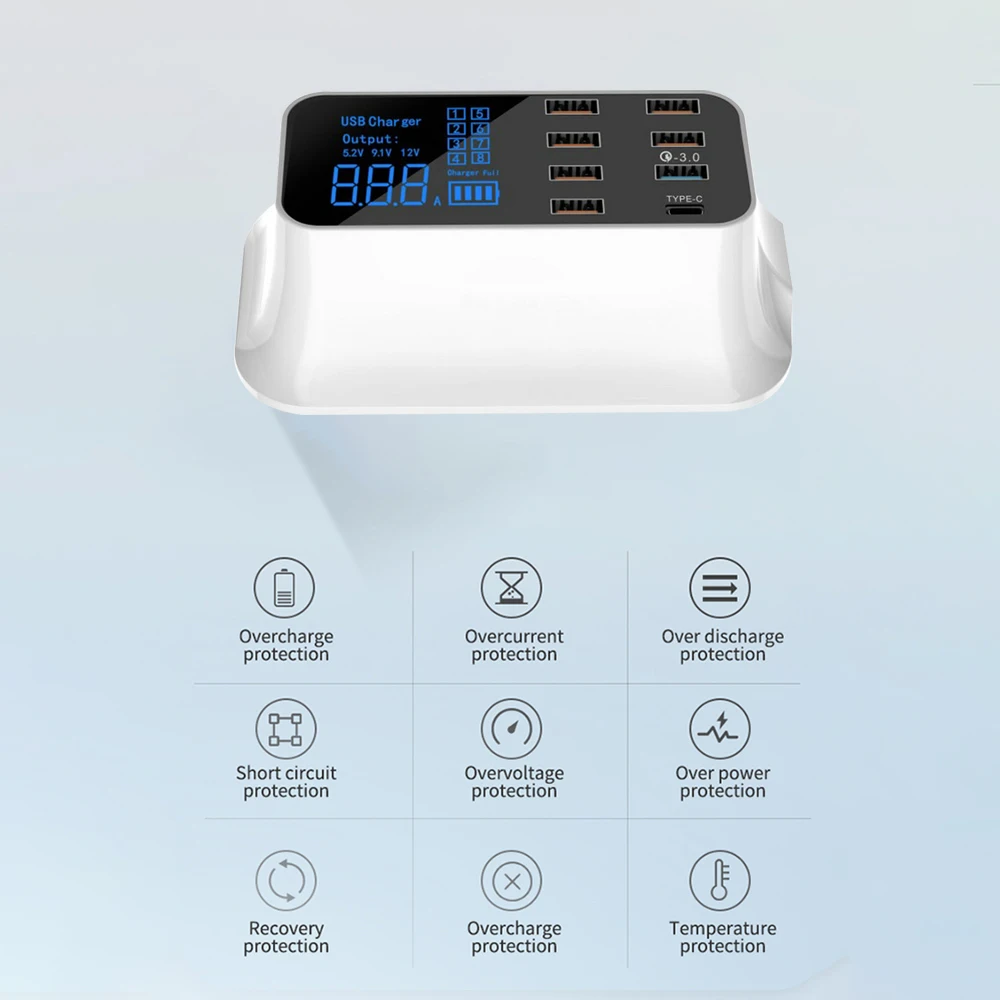 8 портов USB зарядное устройство концентратор Быстрая зарядка 3,0 светодиодный дисплей мульти usb зарядная станция Мобильный телефон настольное настенное зарядное устройство для дома