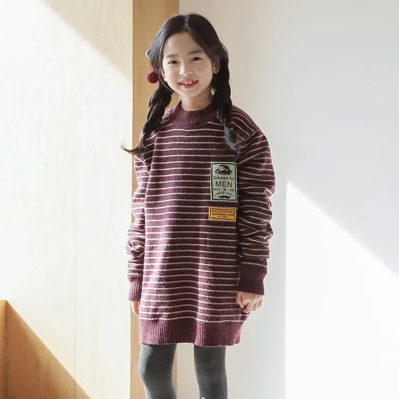 

2019 New Girls Clothing Autumn Long Sweater Winter Long Sleeve Letter Pattern Wine Red Striped Children's Casual Bottoming Shirt
