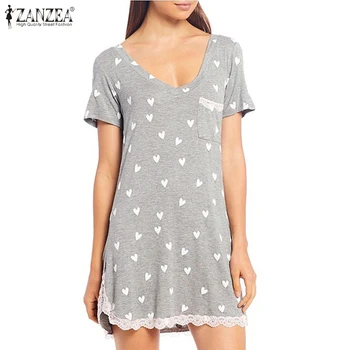 

Kaftan Sleepwear Mini Women Lace Patchwork Home Dress Nightwear Printed Short Sleeve Pockets Nightdress ZANZEA Plus Size 5XL