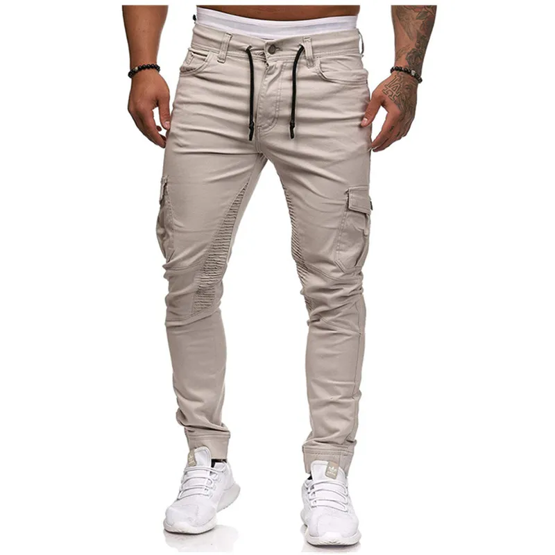 Новые мужские брюки с несколькими карманами, тренировочные штаны с резинкой в талии, мужские брюки в стиле хип-хоп, мужские повседневные однотонные уличные штаны для бега - Цвет: Rice white