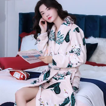 

Soft Flannel Coral Fleece Women's Warm Full Sleeve Super Long Bath Female Kimono Bathrobe Dressing Gown Robes Autumn Winter