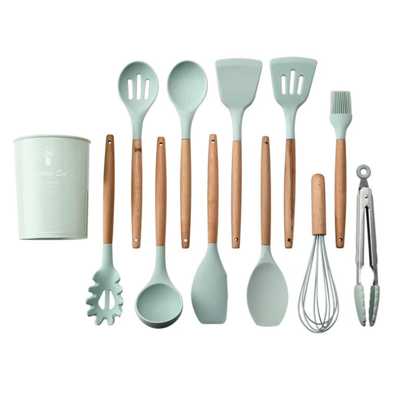 Silicone Cooking Utensils Wooden Handle Kitchen Cooking Tools Non-stick Cooking Spoon Spatula Ladle Egg Beaters Cookware Gadget