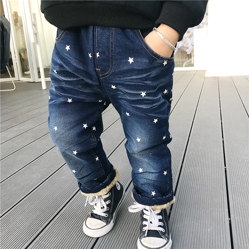 

2019 Autumn And Winter New Style Star Full Printed Explosion Temperature plus Velvet Men And Women Children's Jeans Warm Cowboy