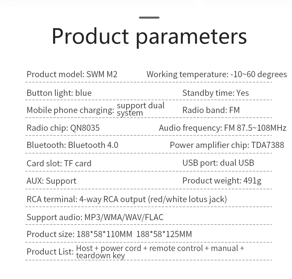 1din SWM M2 автомобильный стерео MP3 музыкальный плеер fm-радио Bluetooth 4,0 TF AUX двойной usb зарядка для iOS/Android головное устройство
