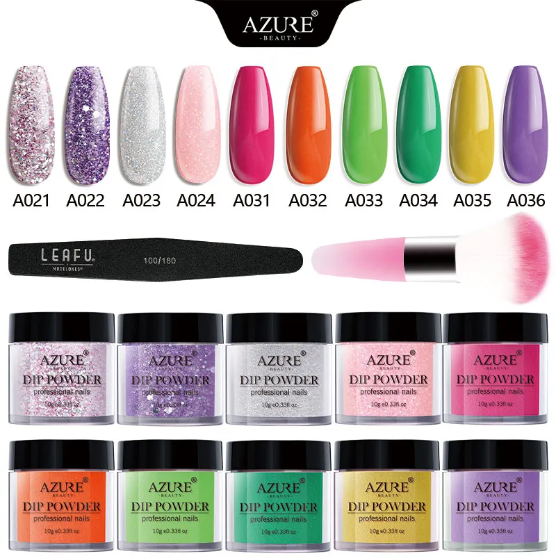 AZURE BEAUTY, 12 шт./лот, блестящий цветной набор пудры для нейл-арта, голографическая пудра для ногтей, наборы кистей для ногтей, натуральные сухие