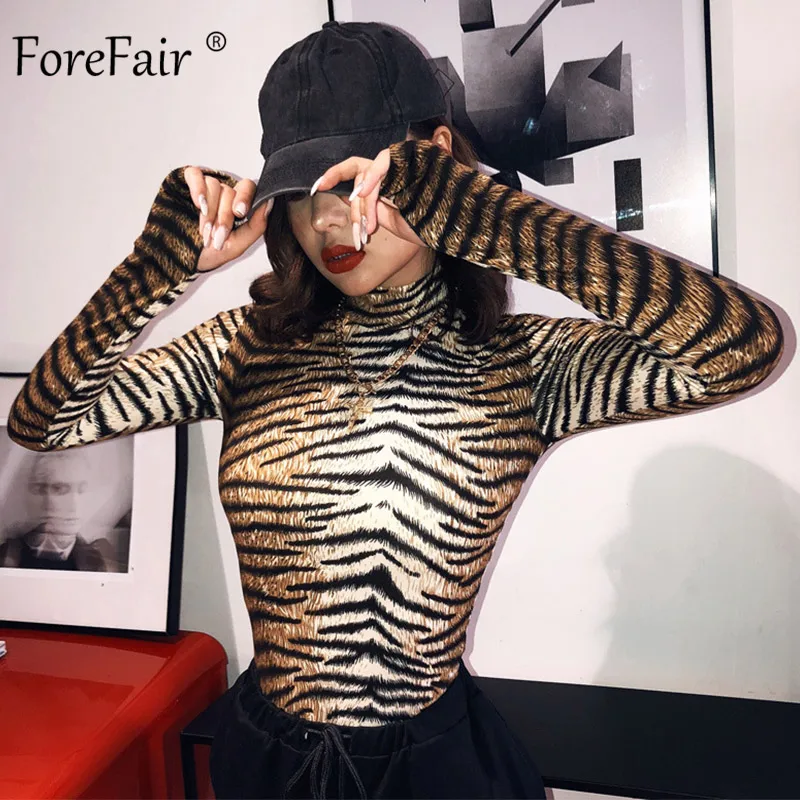 

Forefair Tiger Print Sexy Bodysuit Women Turtleneck Long Sleeve Tops 2019 Autumn Female Animal Slim Bodycon Bodysuit