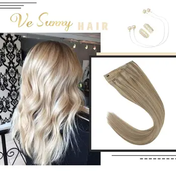 

VeSunny Invisible Halo Hair Extensions 100% Real Human Hair Flip on Wire with 2 Clips Ash Brown Highlighted Light Blonde #18/613