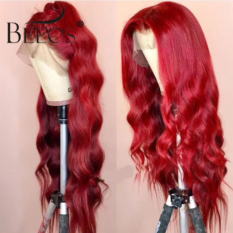

Beeos Wavy Colored Red Wigs For Women 13*6 Lace Front Human Hair Wigs PrePlucked Deep Parted Brazilian Remy Transaprent HD Lace