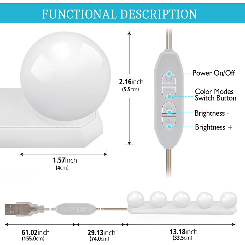  5 Bulb Led Makeup Mirror Light 3 colors Cosmetic Make up Light USB Powered Makeup Vanity Bathroom C