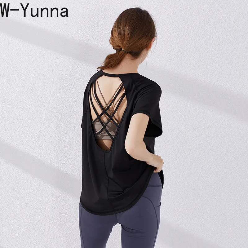 W-Yunna, одноцветные сексуальные свободные спортивные женские футболки с коротким рукавом для фитнеса, дышащие быстросохнущие футболки