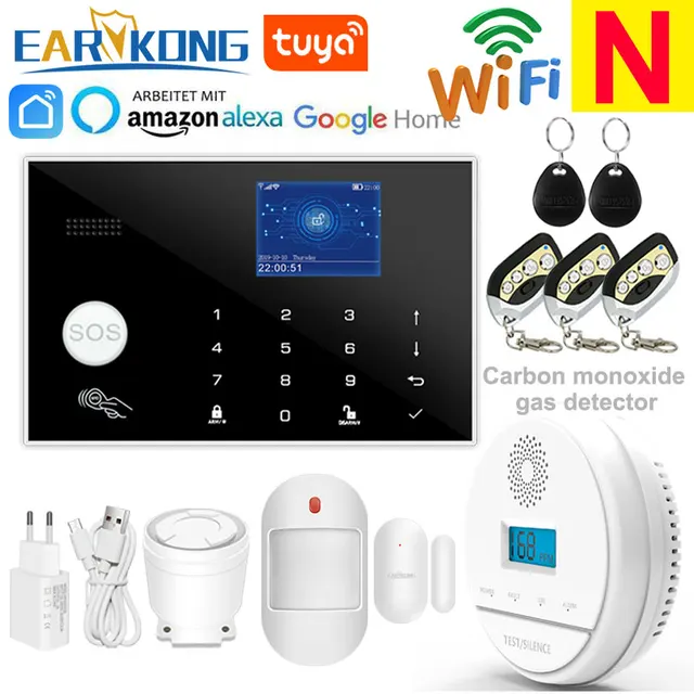 Wifi GSM Alarm System 433MHz Home Burglar Security Alarm Wireless Wired Detector RFID Touch Keyboard Temperature Humidity Alexa N