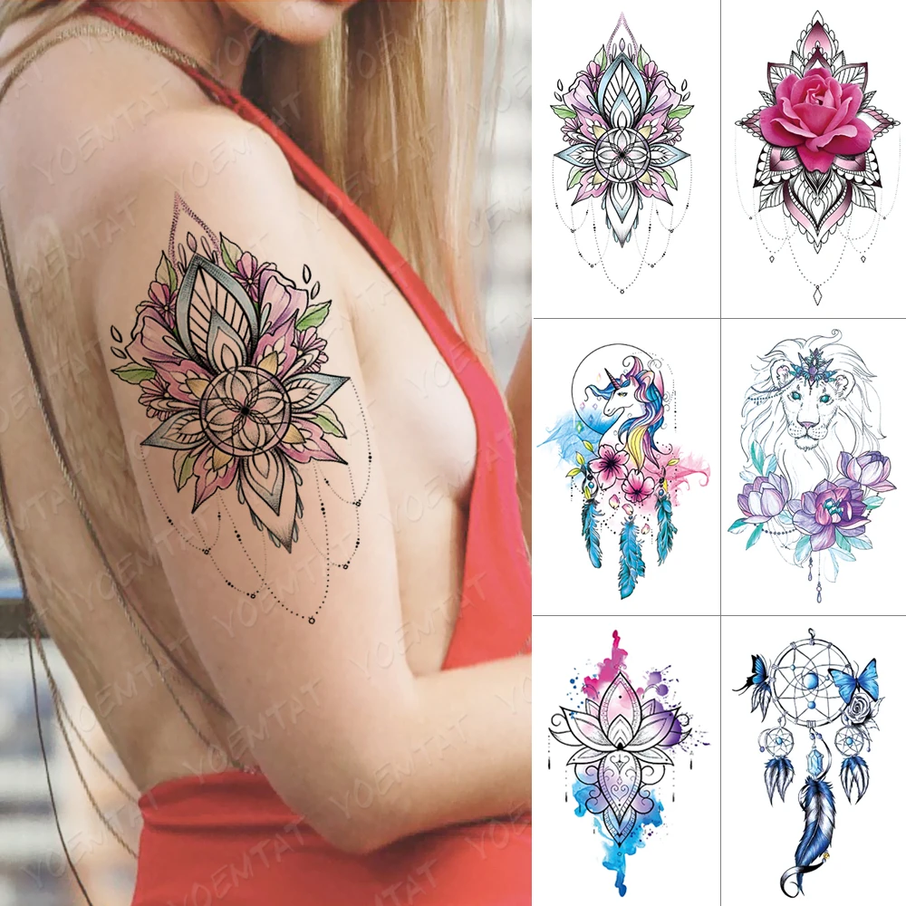 Waterproof Temporary Tattoo Sticker Mandala Dreamcatcher Flash Tatto Lion Butterfly Body Art Arm Water Transfer Fake Tatoo Women