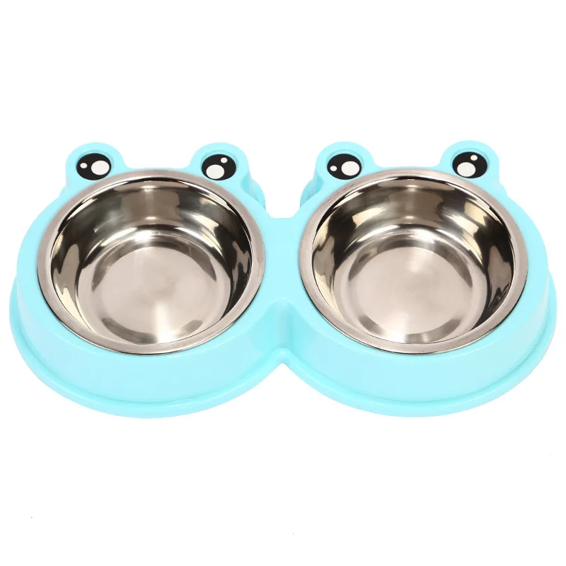 ПЭТ миска для кошки двойная из нержавеющей стали для кормления воды миска для щенка без разлива посуда Противоскользящий корм для собак и кошек воды - Цвет: Frog Blue