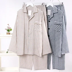 Autumn And Winter  New Couples Simple Style Pajamas Set Men Striped Sleepwear Set Full Sleeve Lovers 2Pcs Gauze Cotton Homewear