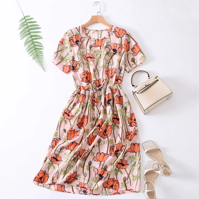 Розовый Новое Настоящее шелковое женское платье из натурального шелка высокого качества элегантное Свободное длинное летнее платье с принтом для девушек - Цвет: Розовый