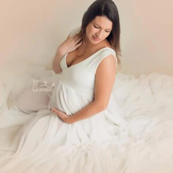 

White Chiffon Pregnancy Long Dress Sleeveless Maternity Photo Shoot Gown Stretchy Maternity Photography Props Long Dress