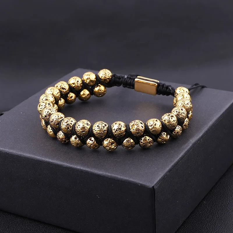 New Fashion Vintage Gold Silver Plated Volcanic Lava Stone Double Layer Beads Braided Bracelet Men Women - Image 5