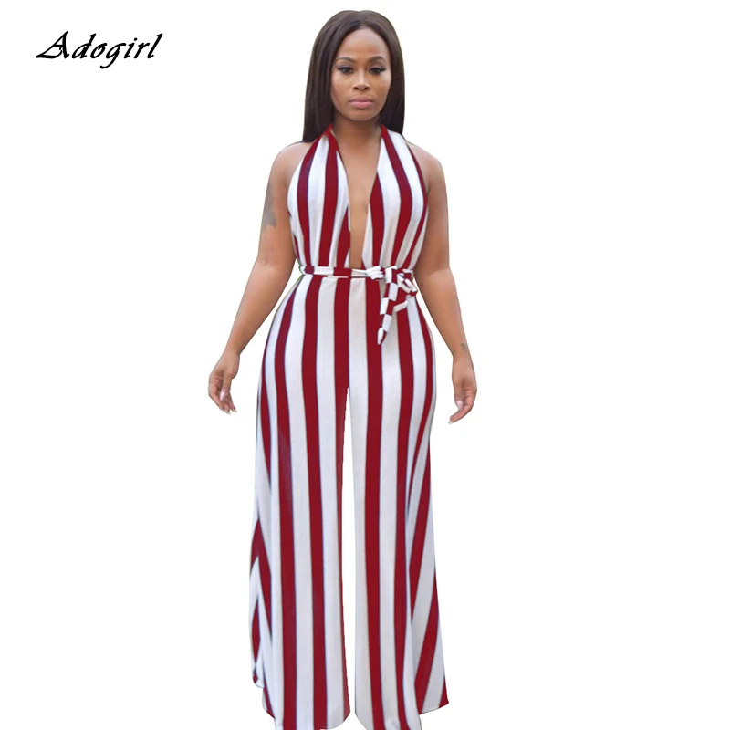 

Sexy Striped Print Deep V Neck Rompers Women Jumpsuit Elegant Irregular Neck One Shoulder Backless Wide Leg Pants Body Jumpsuit