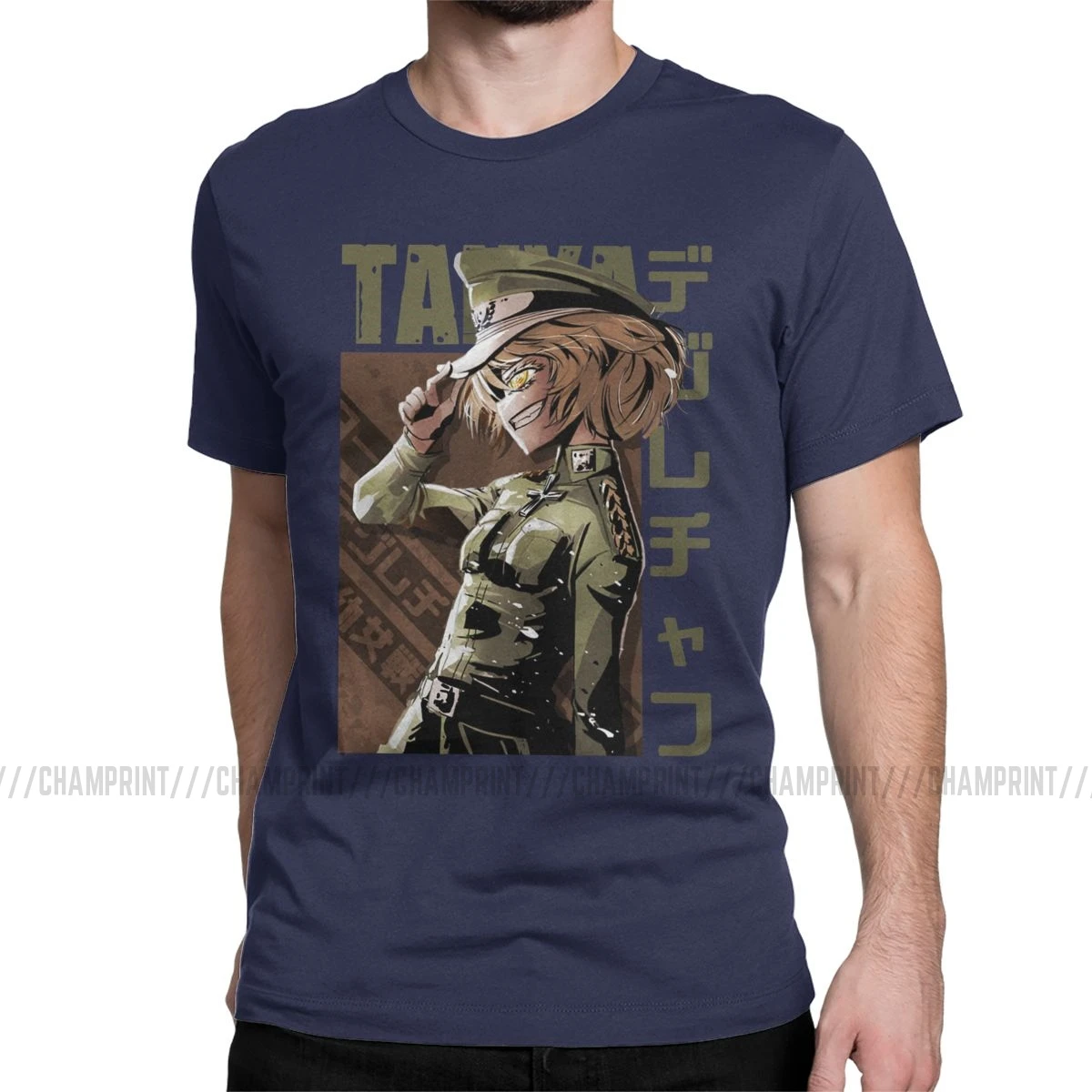 Мужская футболка Youjo Senki Tanya, Уникальные футболки из хлопка, футболки с коротким рукавом из аниме Von Empire War Evil, топы с круглым воротником - Цвет: Тёмно-синий