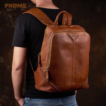 

PNDME fashion vintage genuine leather rivet designer men's backpack casual travel natural real cowhide women's laptop bagpack