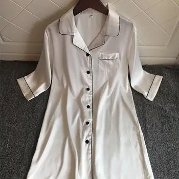 

Half Sleeve Women Sleepshirt Satin Nightwear With Pocket Intimate Lingerie Satin Sexy Home Dressing Gown White Nightdress