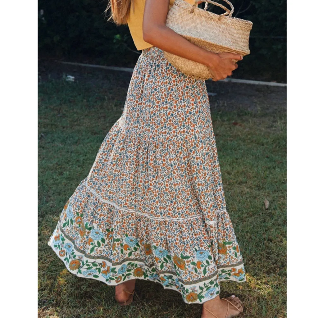 Женская плиссированная юбка с цветочным принтом, юбки длиной до щиколотки, богемная летняя пляжная юбка, женские длинные юбки с эластичным поясом#5
