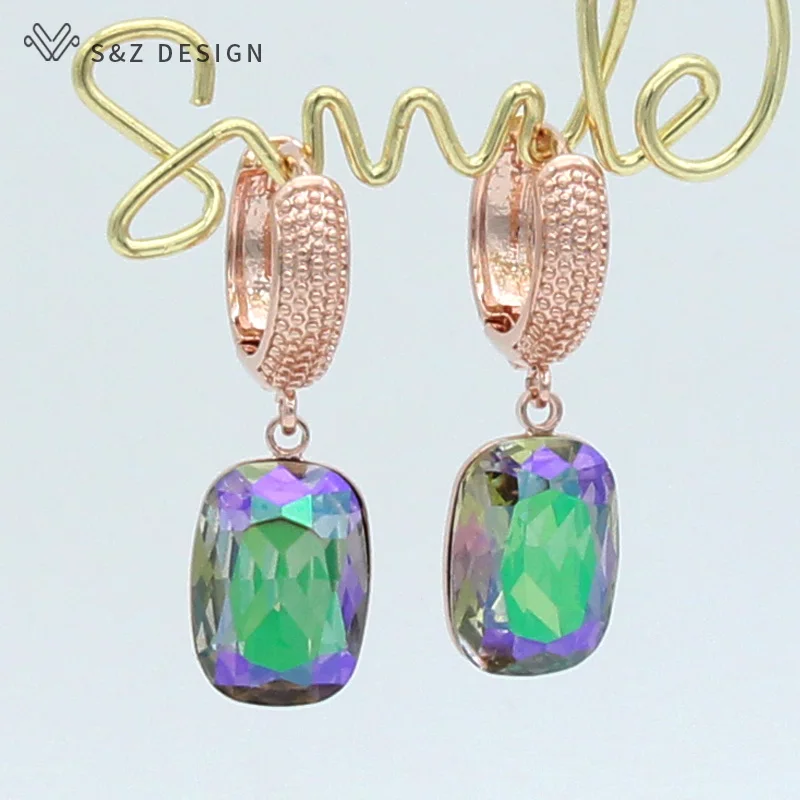 S&Z DESIGN Square Crystal Dangle Earrings For Women Wedding Jewelry 585 Rose Gold Color Party Fashion Eardrop