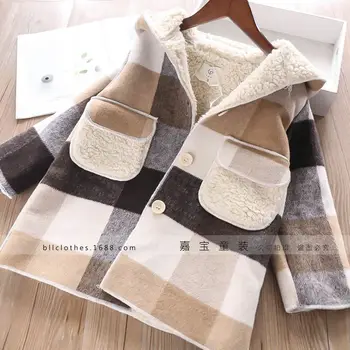 

Girls Woollen Coat Winter Wool Jacket Girls Plaid Hooded Coats Children Thick Jackets 2-8 Years Kids Warm Outerwear For Girls
